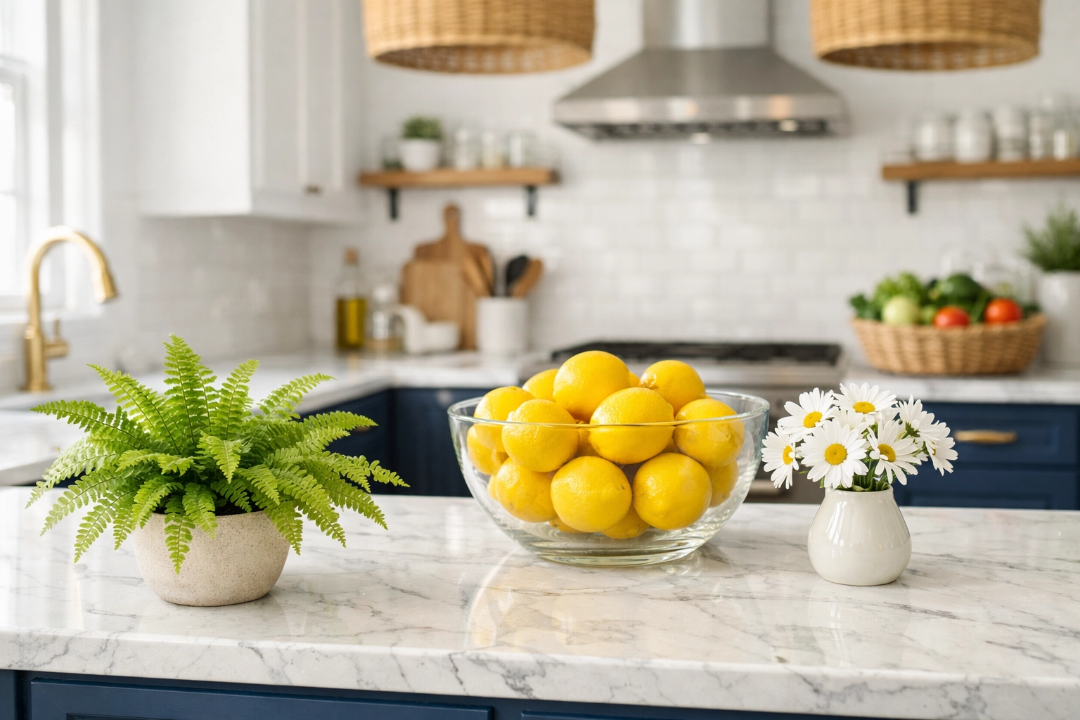Eco-friendly residential cleaning Massachusetts in a luxury kitchen with marble countertops and navy cabinets.