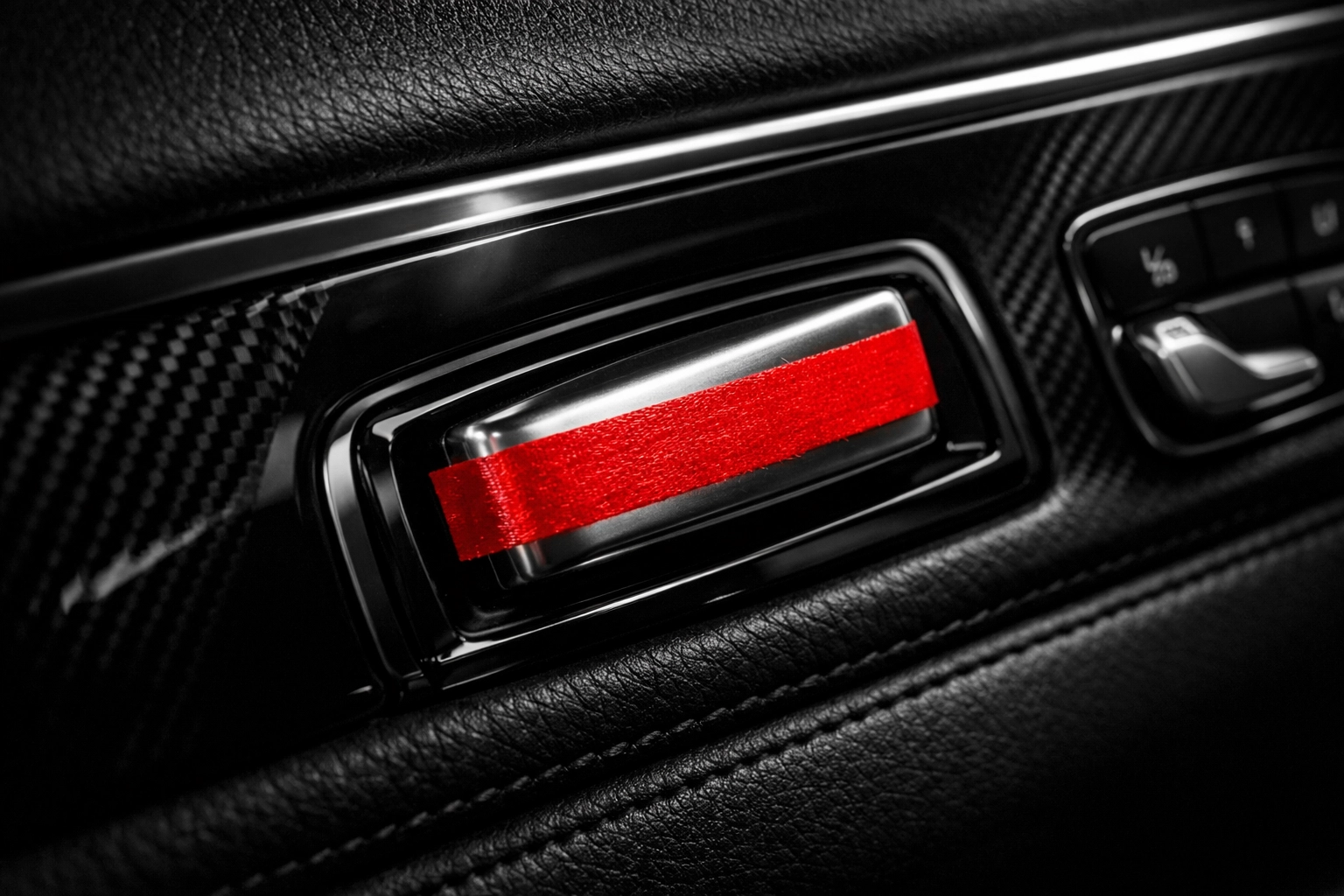 Red warning tape on a car window switch to prevent rolling down newly installed tint.