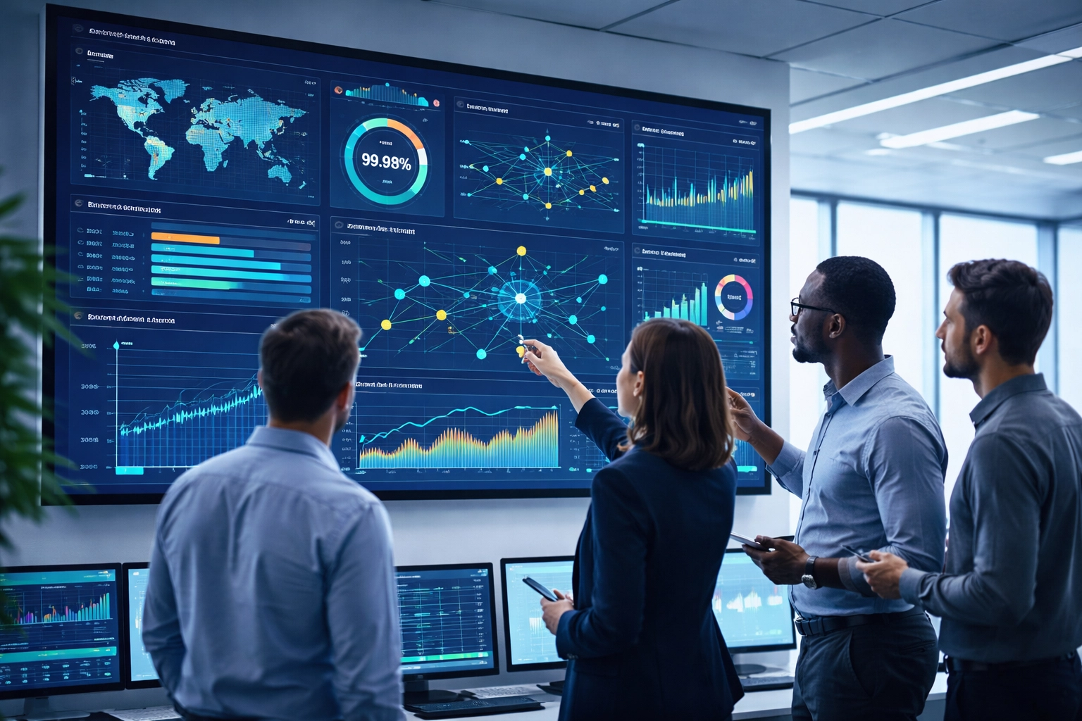 IT professionals collaborating at a digital dashboard to improve ServiceNow CMDB data quality and clarity.