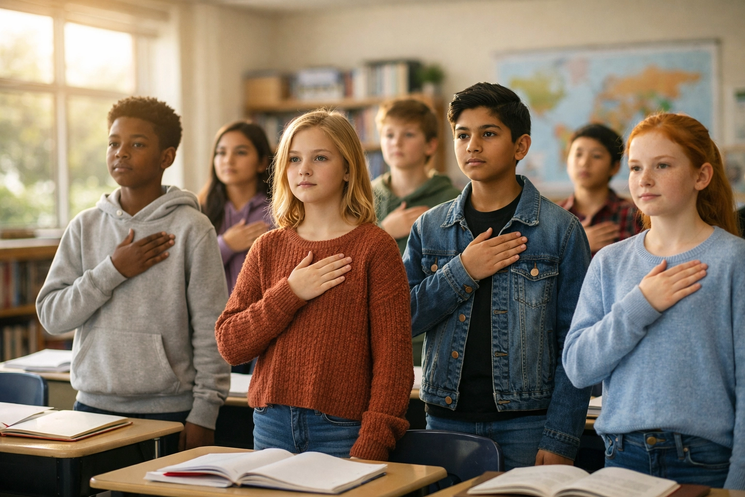 Middle school students reciting the Pledge of Allegiance in a sunny classroom for civic education.