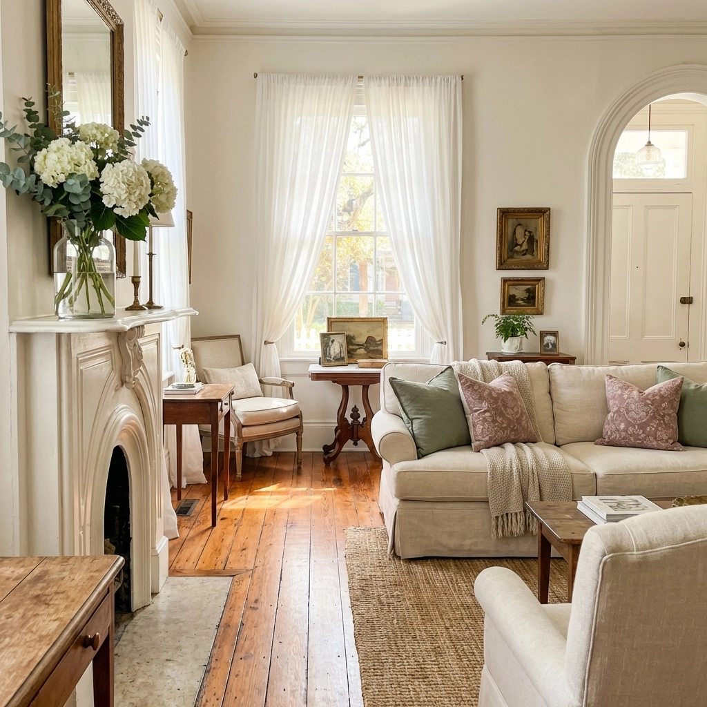 Historic Savannah cottage interior with hardwood floors, crown moldings, and inviting Southern charm decor