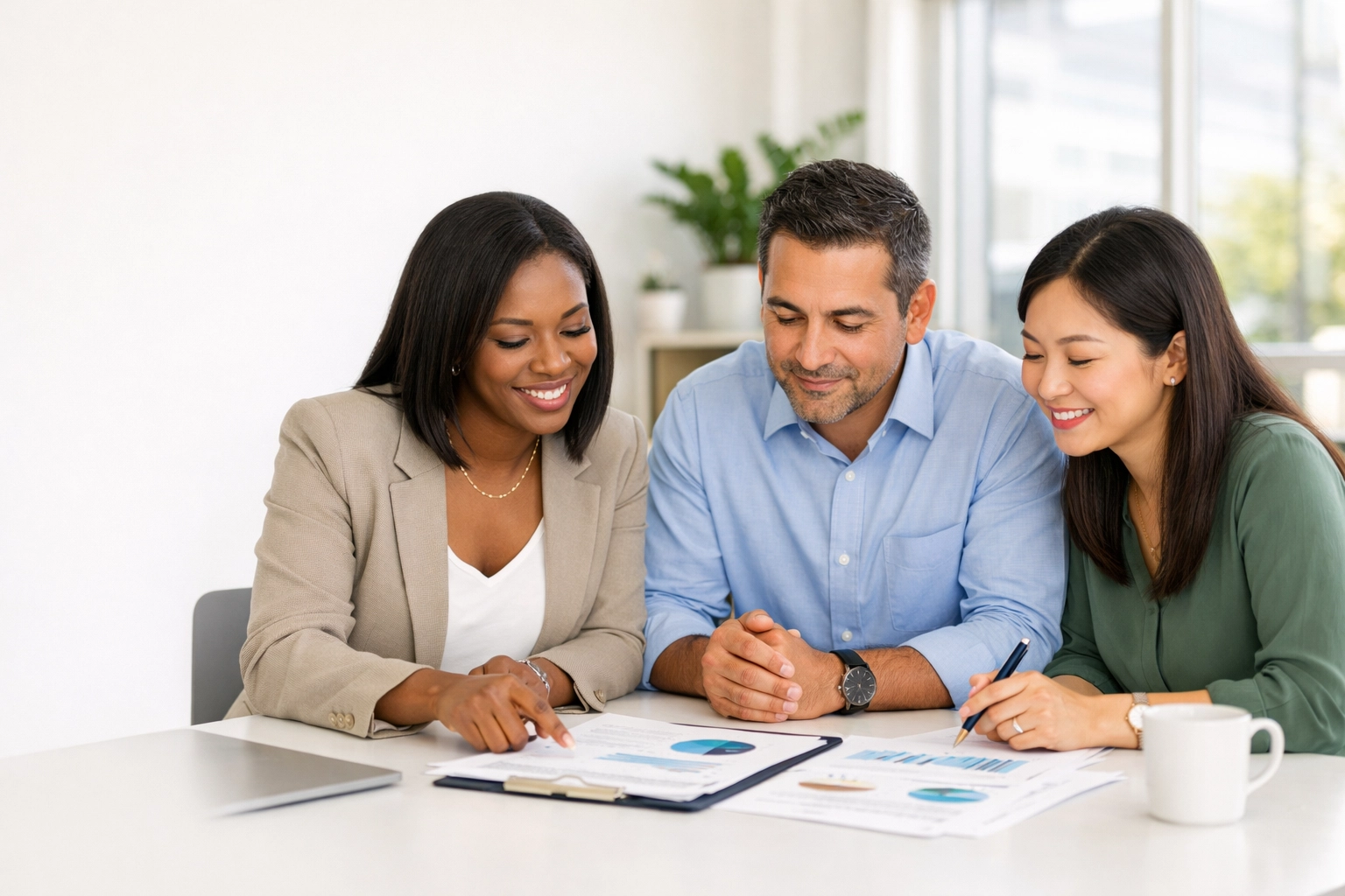 Diverse nonprofit professionals collaborating on federal grant compliance documents in a bright office.
