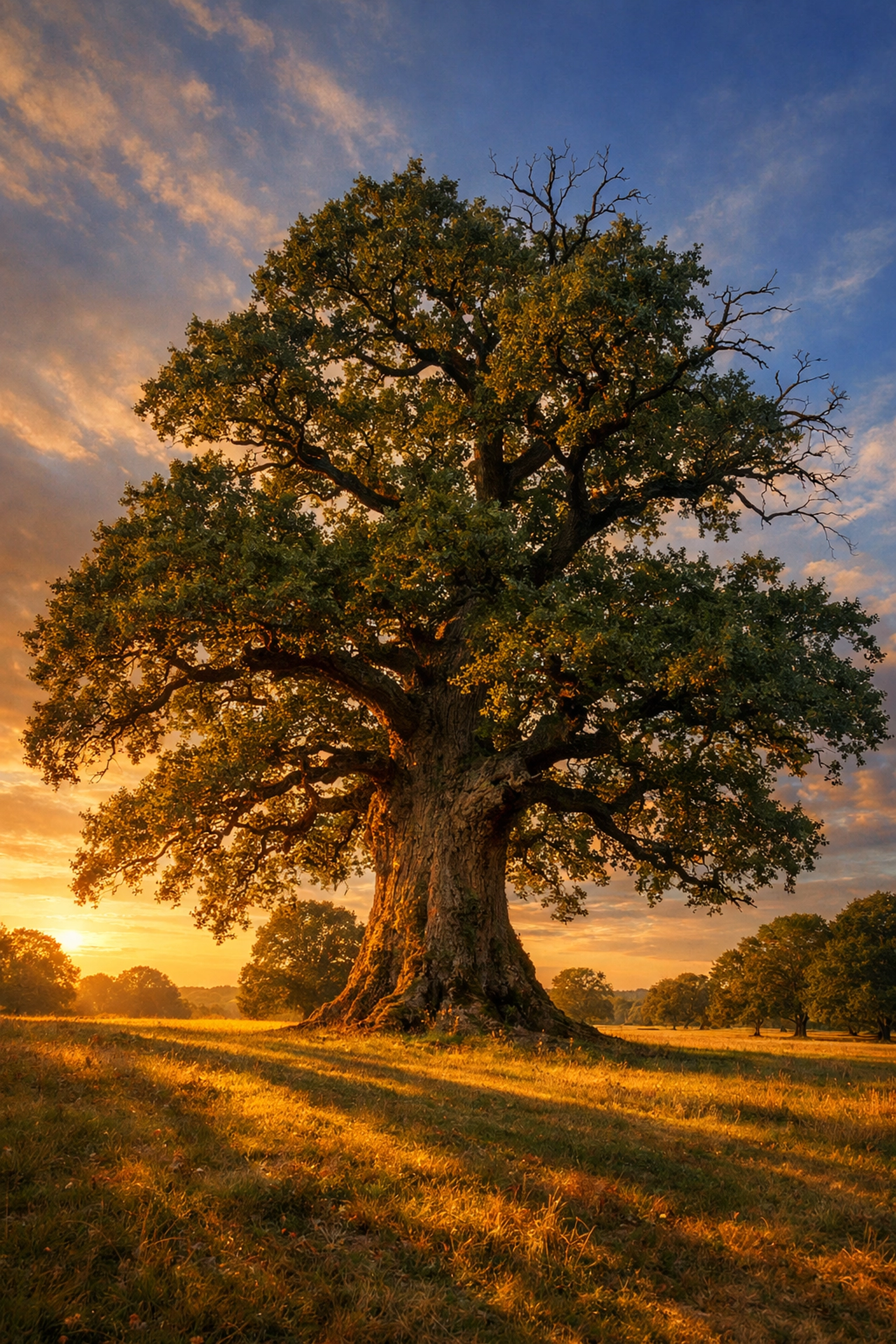 Mature English oak tree in parkland showing healthy canopy and natural grandeur