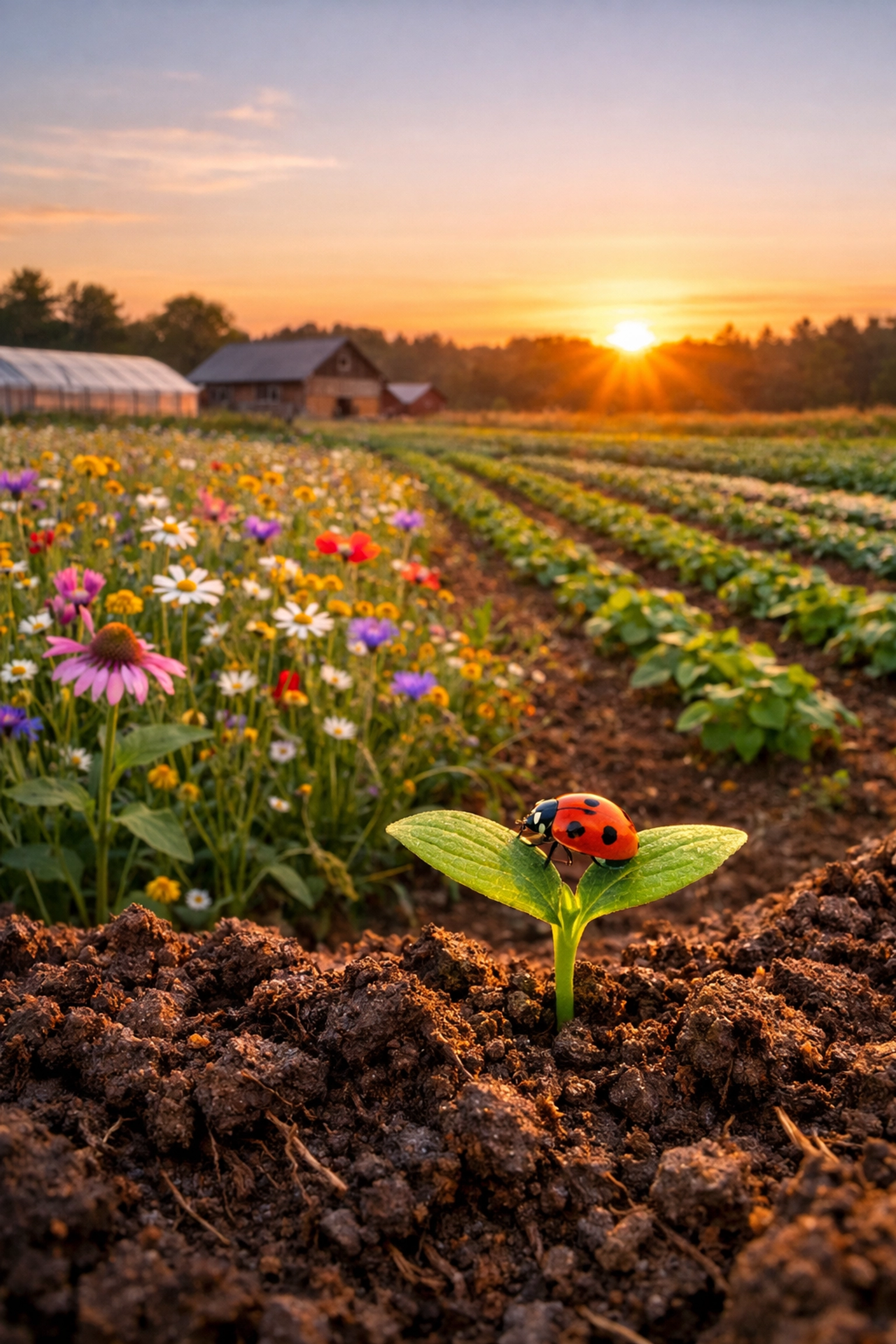 Regenerative agriculture field with wildflowers and healthy soil to demonstrate sustainable ecosystem systems.