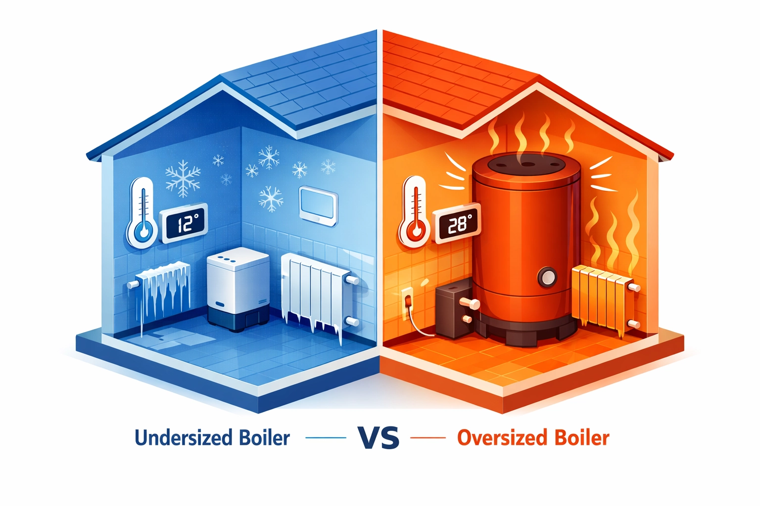 Comparison showing oversized and undersized boiler heating problems in Farnham homes