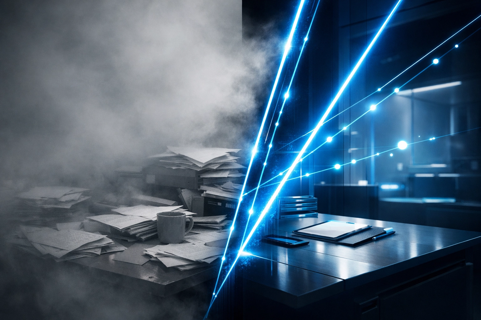 Transition from messy office chaos to clear digital signals through lean operations consulting.