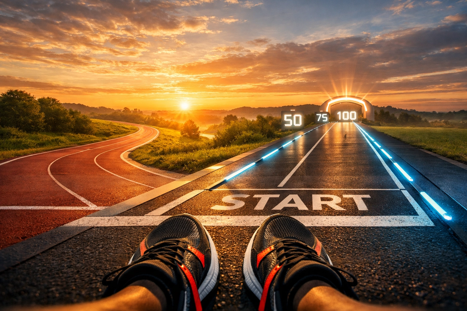 A split athletic track symbolizing different paths for choosing between HIIT and SIT protocols.