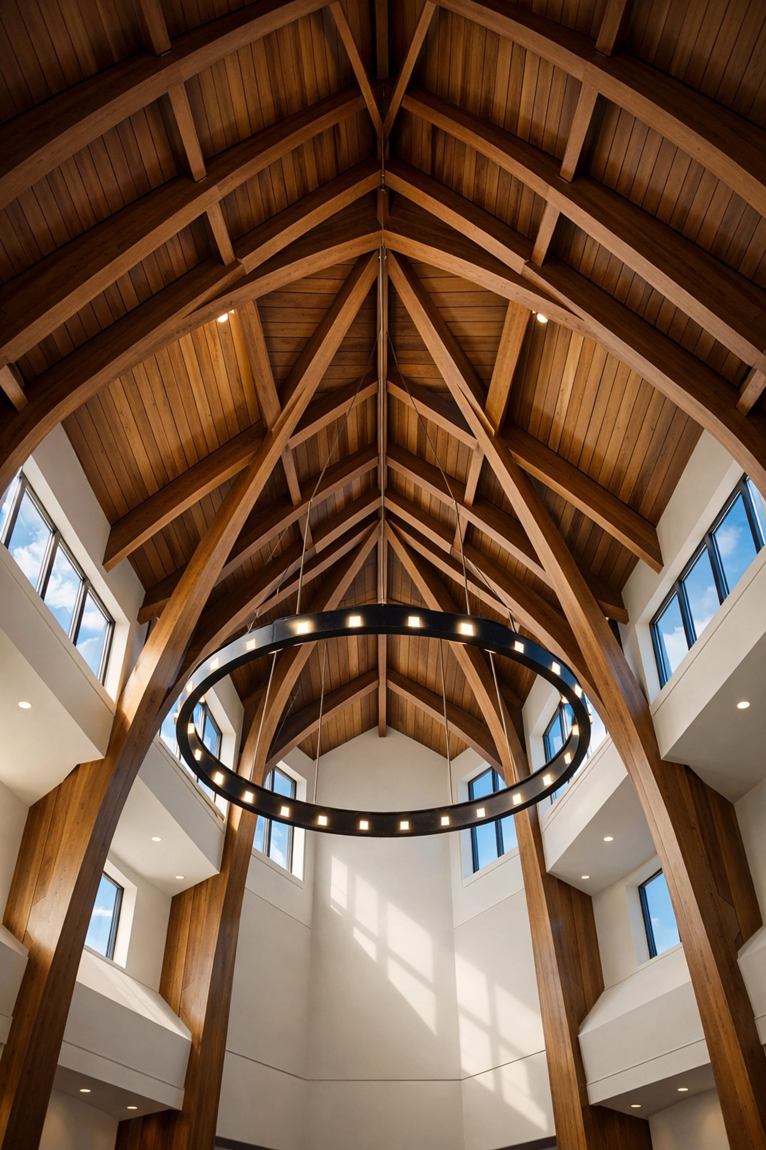 Modern church sanctuary featuring dust-free vaulted ceilings and clean architectural details.