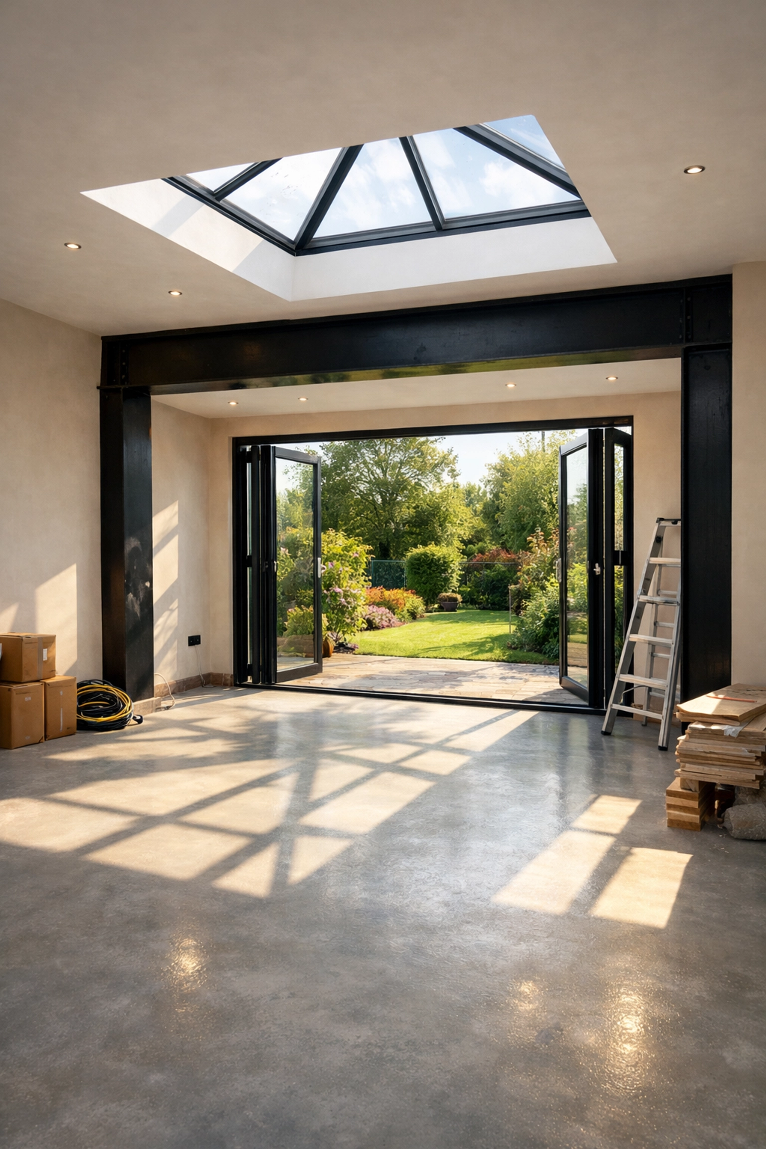 Professional construction of a house extension featuring structural steel beams and large bi-fold doors.