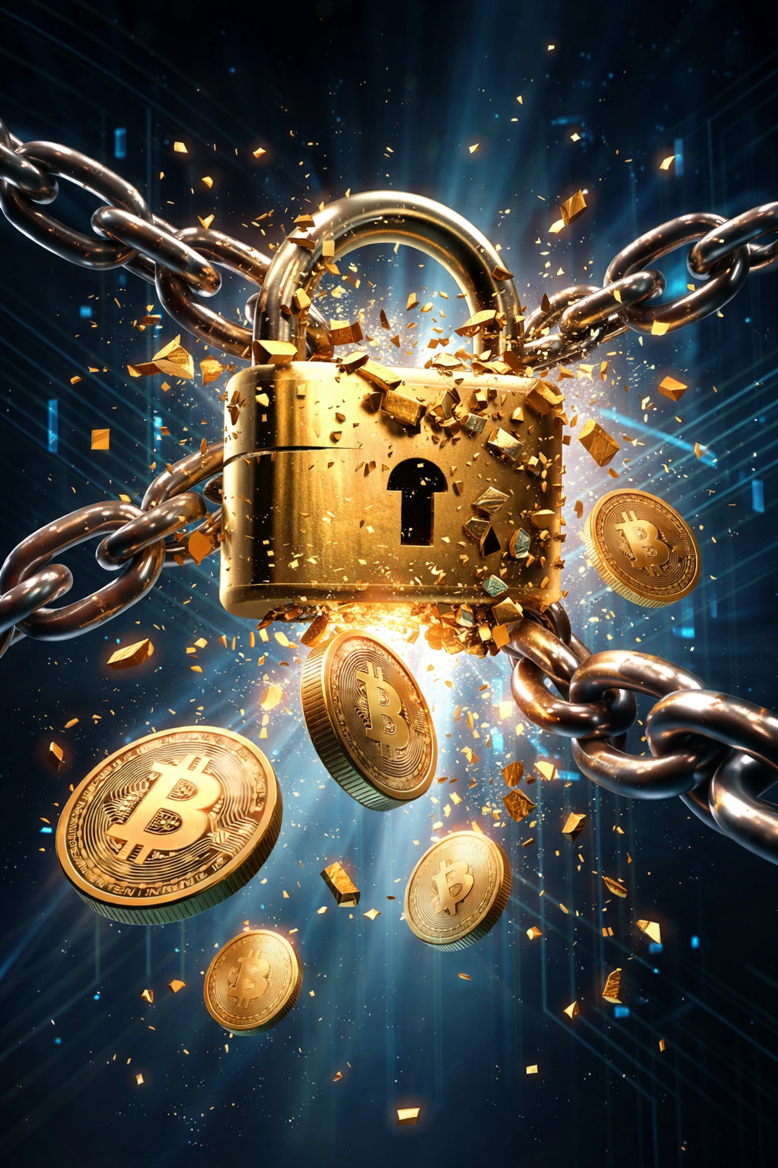 Crypto coins breaking free from chains symbolizing merchant self-custody liberation from custodial processors