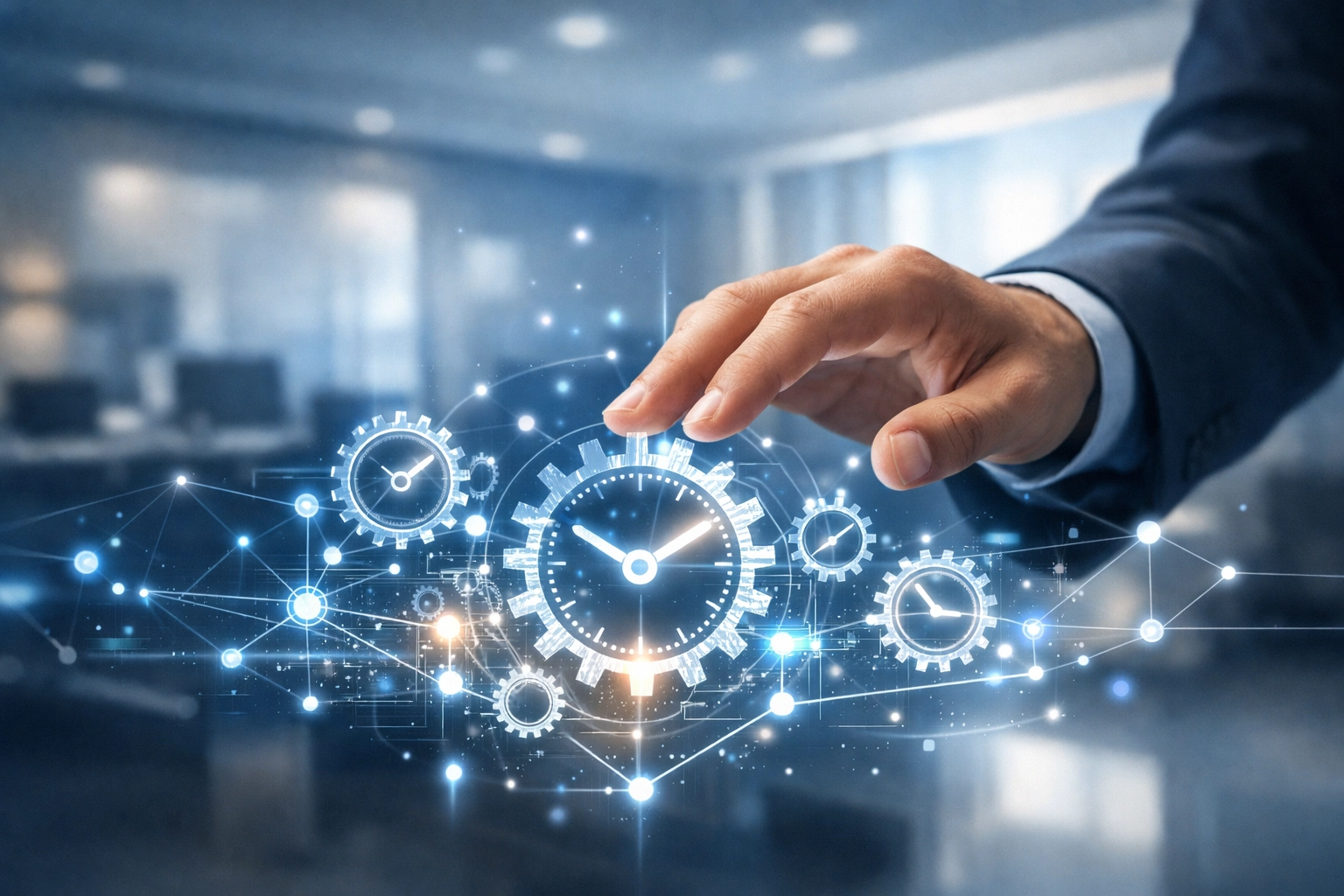 Professional interacting with a digital interface representing strategic human-AI collaboration in business.