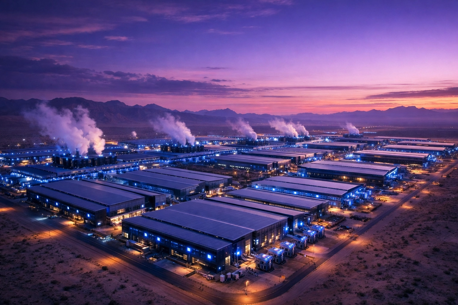 Massive high-tech AI data center campus in a desert at twilight, representing sovereign compute reserves.