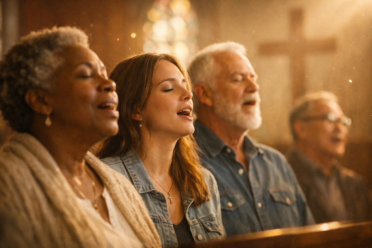 Diverse church members singing heartfelt worship songs together in a peaceful, smaller congregation setting.