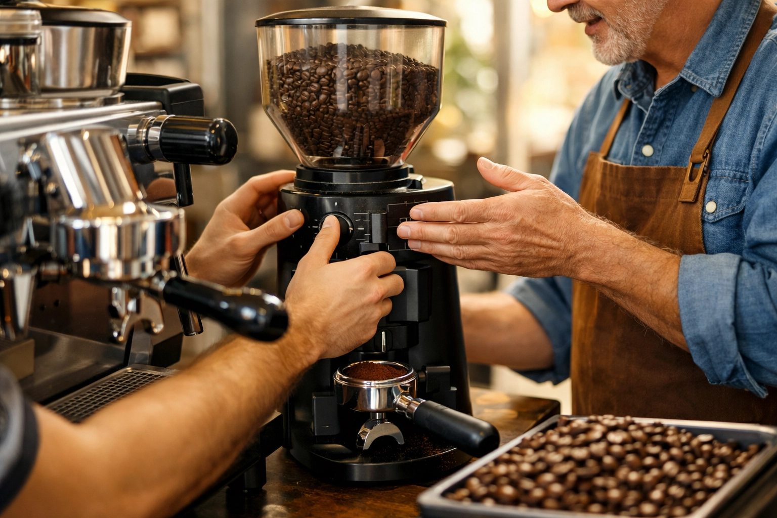 Coffee roaster providing barista training on espresso grinder adjustment and brewing techniques