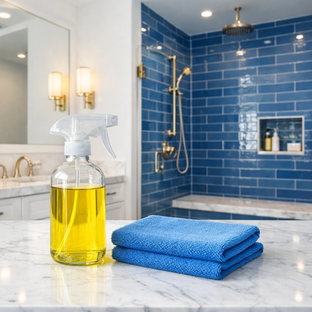 Eco-friendly weekly house cleaning Leominster MA in a sanitized luxury bathroom with marble surfaces.