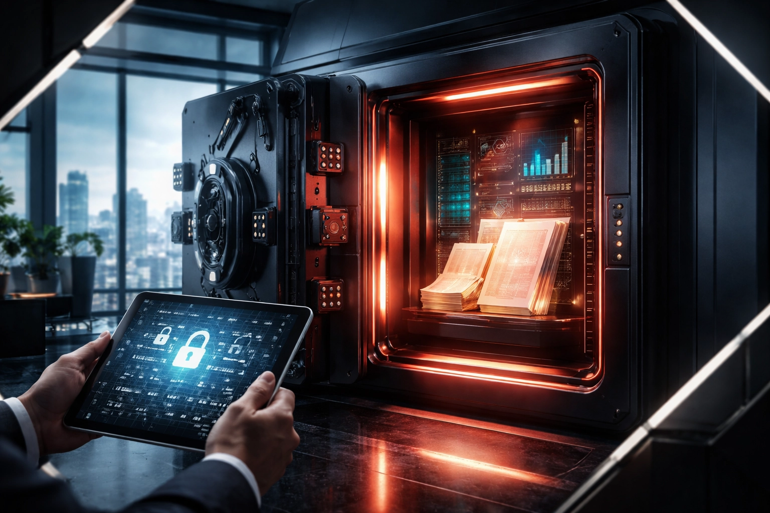 Secure vault door opening to financial documents in Tampa office, illustrating confidential document handling for business sales