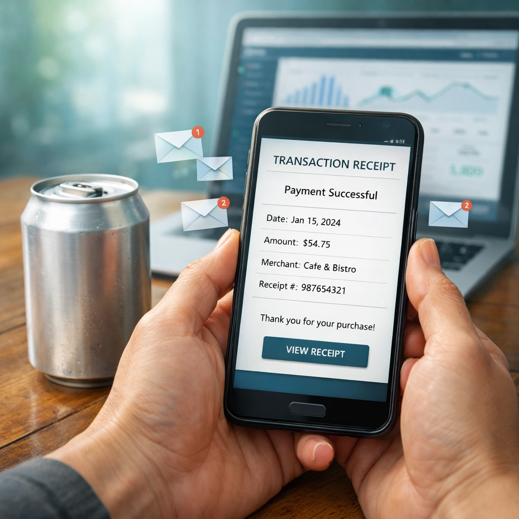 Digital receipt and transaction tracking for aluminum can recycling earnings and donations