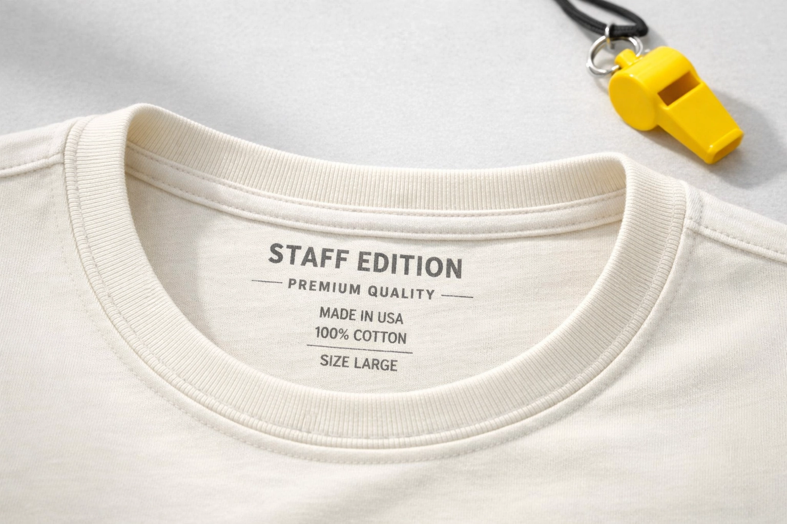 Close-up of custom screen-printed neck tag on a premium camp staff shirt for a professional look.