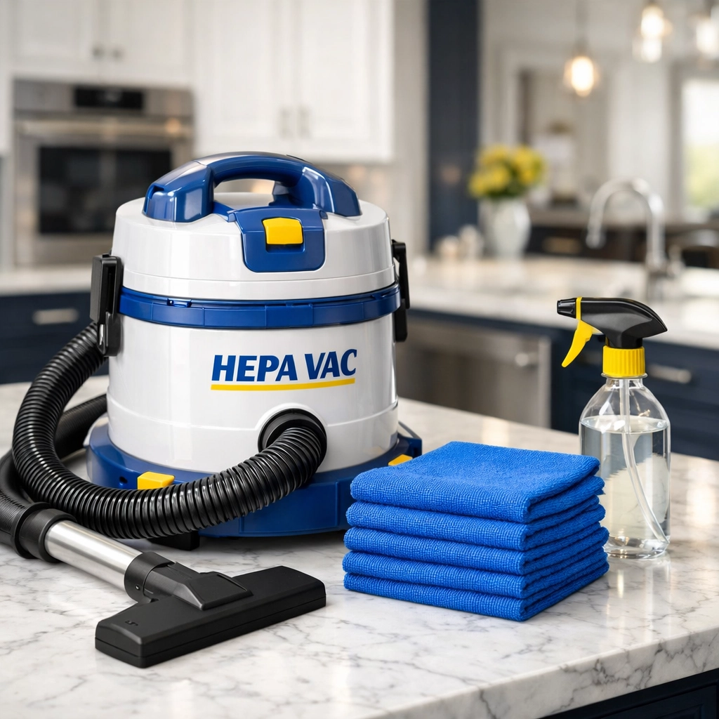 Professional post-construction cleaning MA toolkit with HEPA vacuum and microfiber cloths in a modern kitchen.