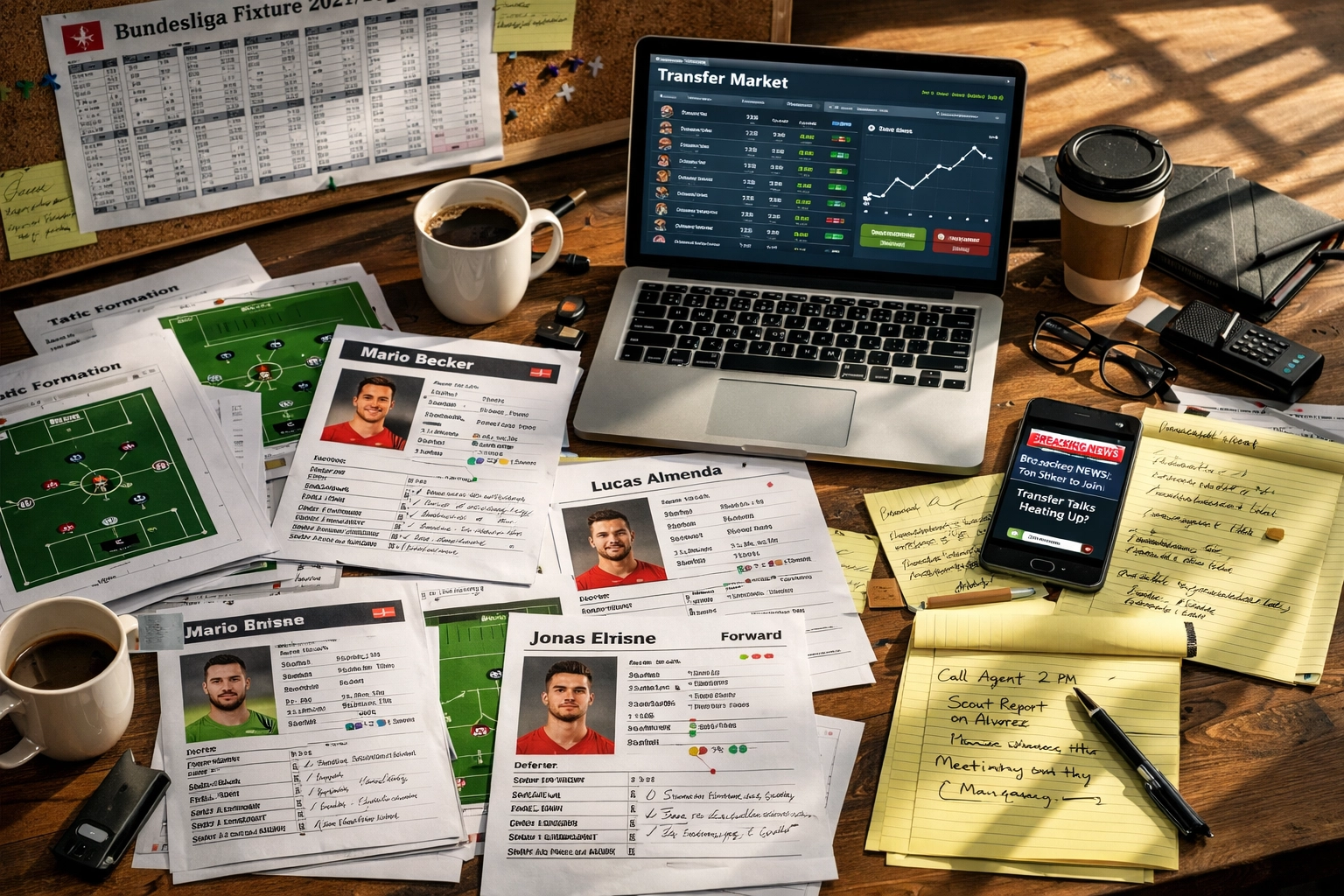 Football scout analyzing tactical formations and transfer market data
