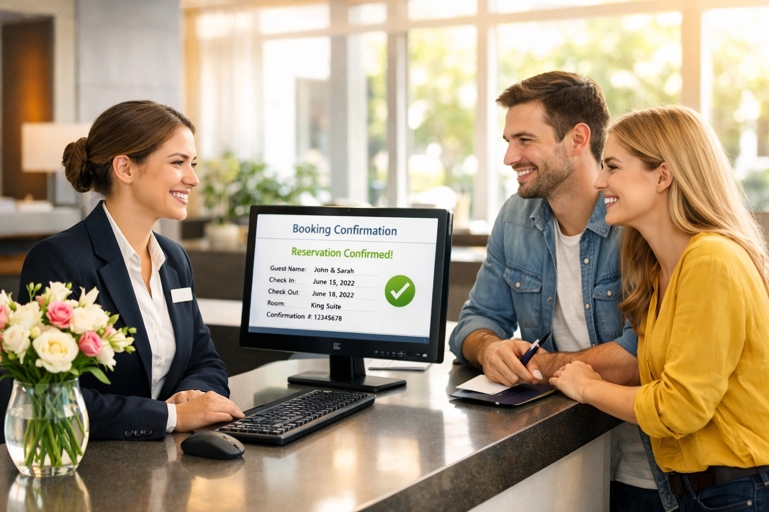 Hotel front desk agent assisting guests with direct booking confirmation at reception