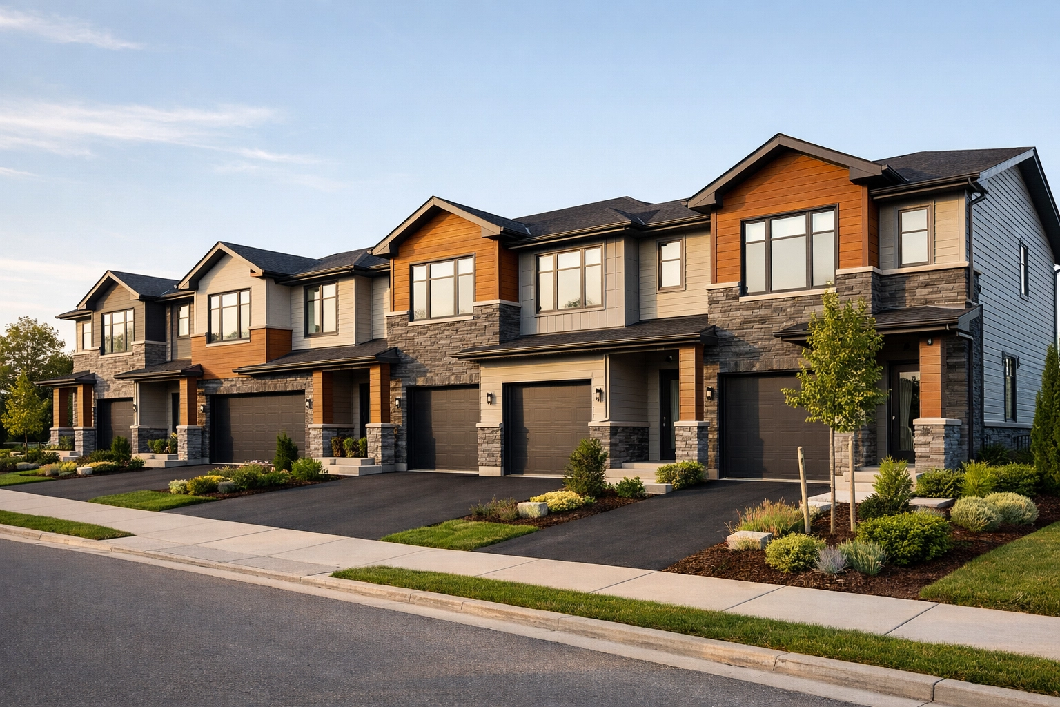 Modern street-facing townhomes in South Kitchener featuring contemporary architecture and private driveways.