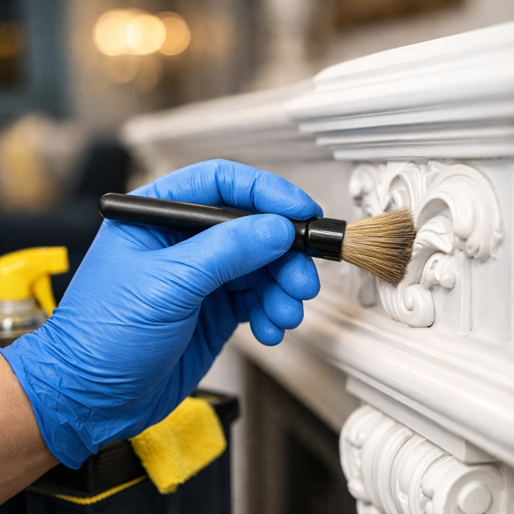 Detailed maid services Worcester performing precision cleaning on a luxury fireplace mantel with eco-friendly tools.