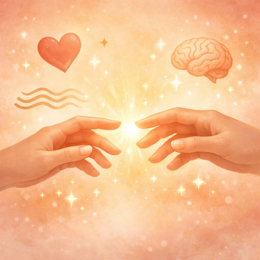 Two hands reaching toward connection with symbols of love, regulation, and nervous system awareness