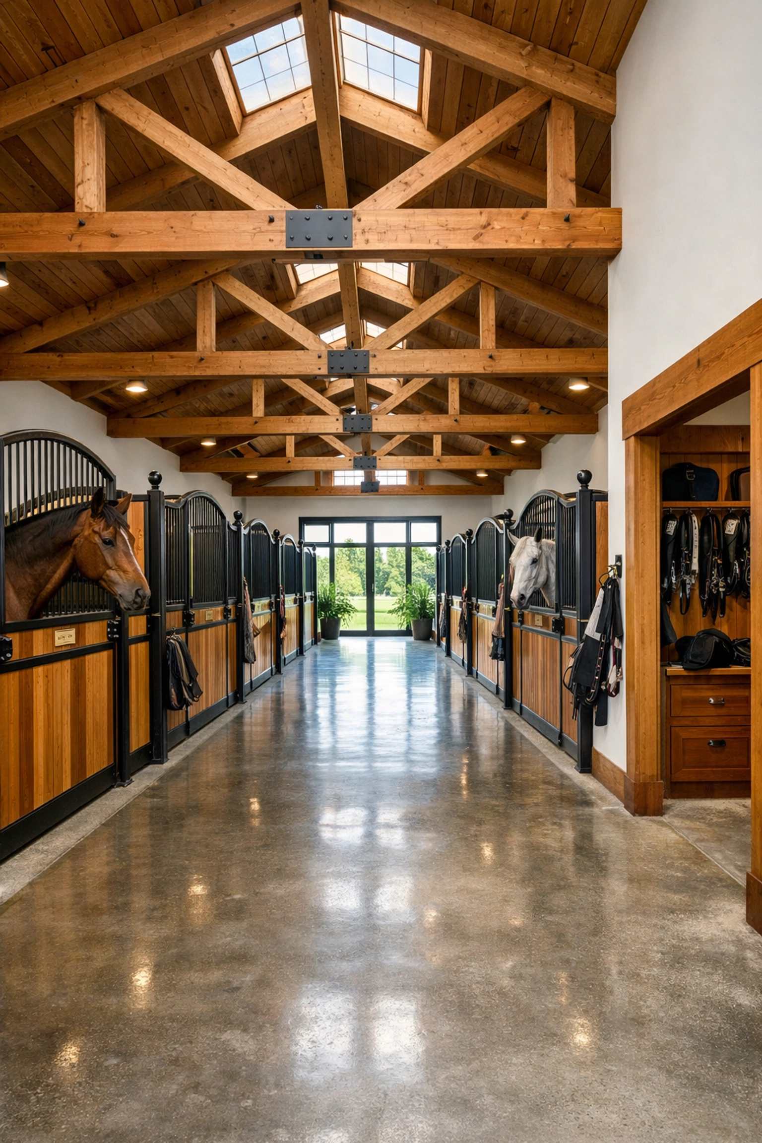 Modern barn interior showing efficient center aisle design and horse stalls for equestrian property