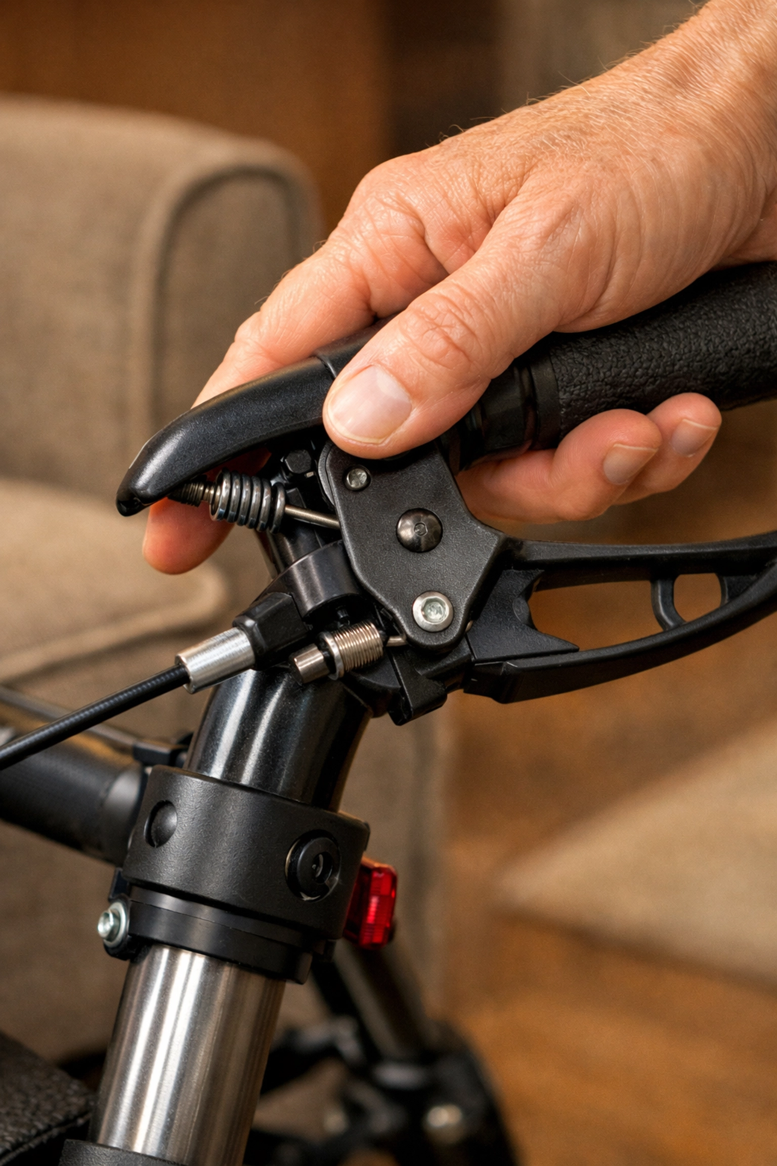 A hand engaging the locking brakes on a rollator walker to ensure safety during transitions.