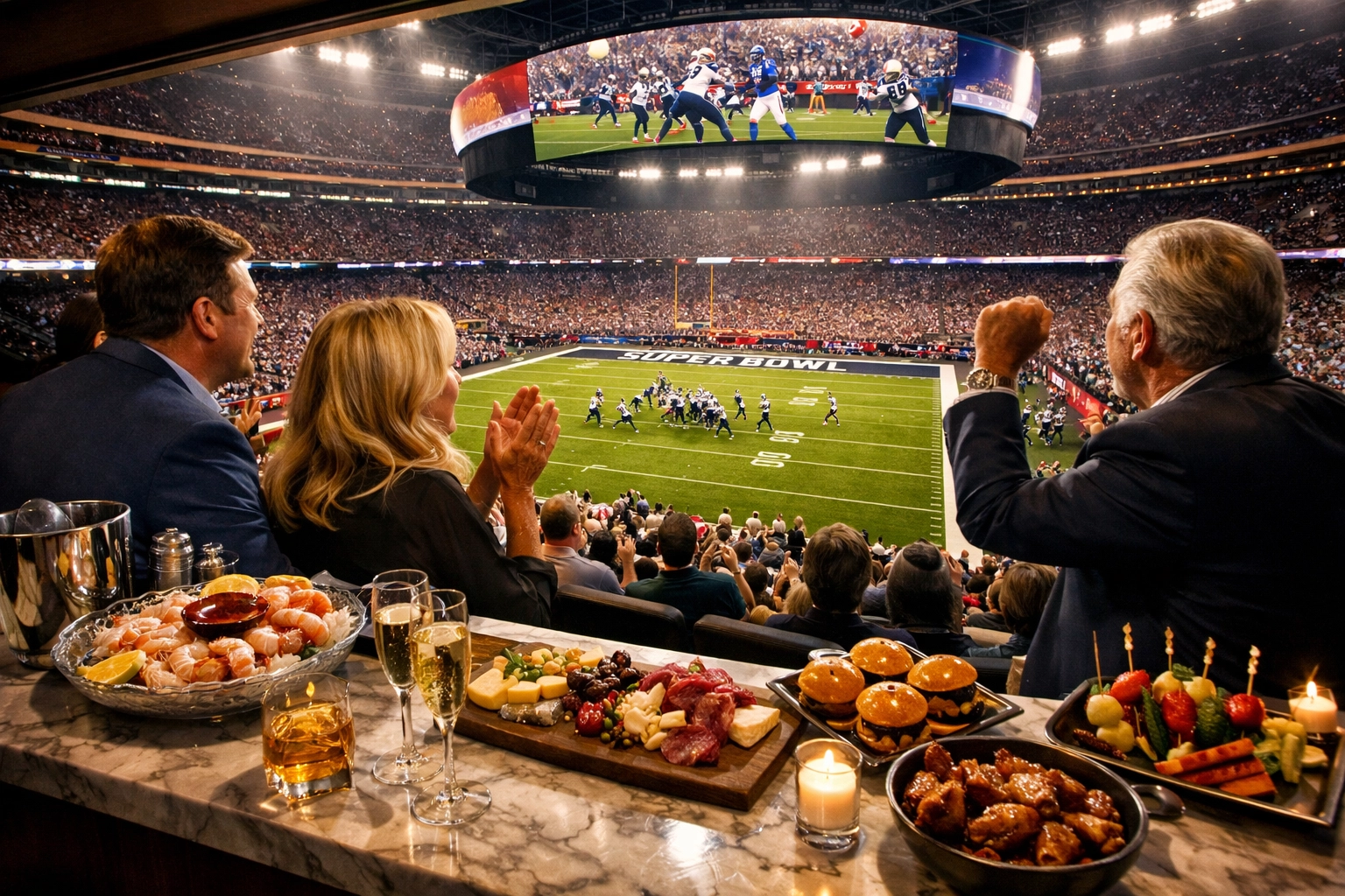 Super Bowl luxury suite view with premium catering and guests enjoying game day experience