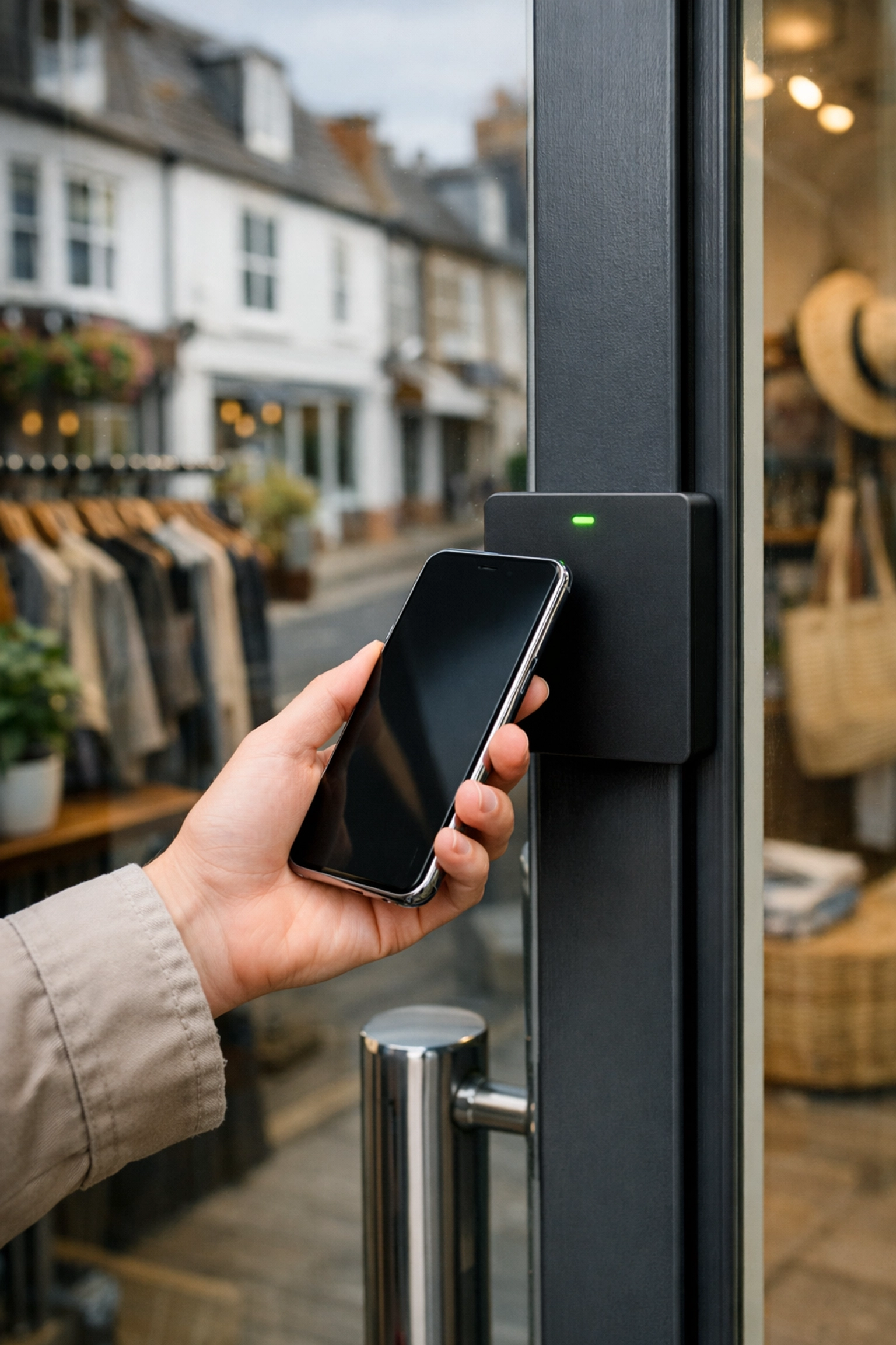 Secure smartphone access control system at a stylish Torquay business entrance for easy staff entry.