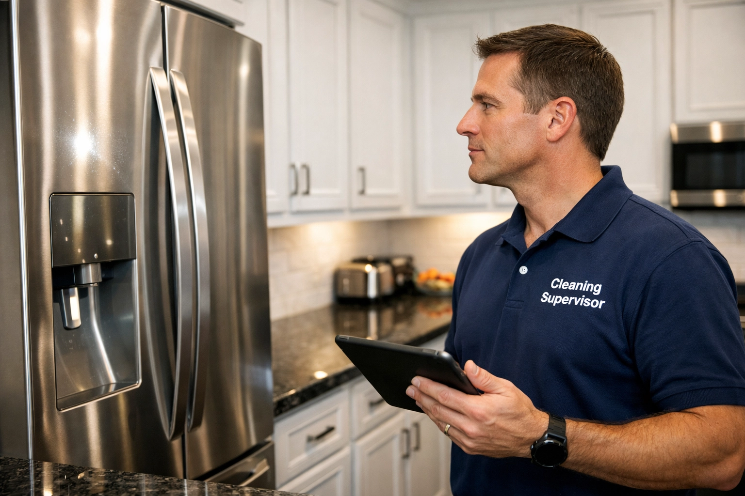 A cleaning supervisor inspecting a modern kitchen to ensure a 5-star guest experience and quality.