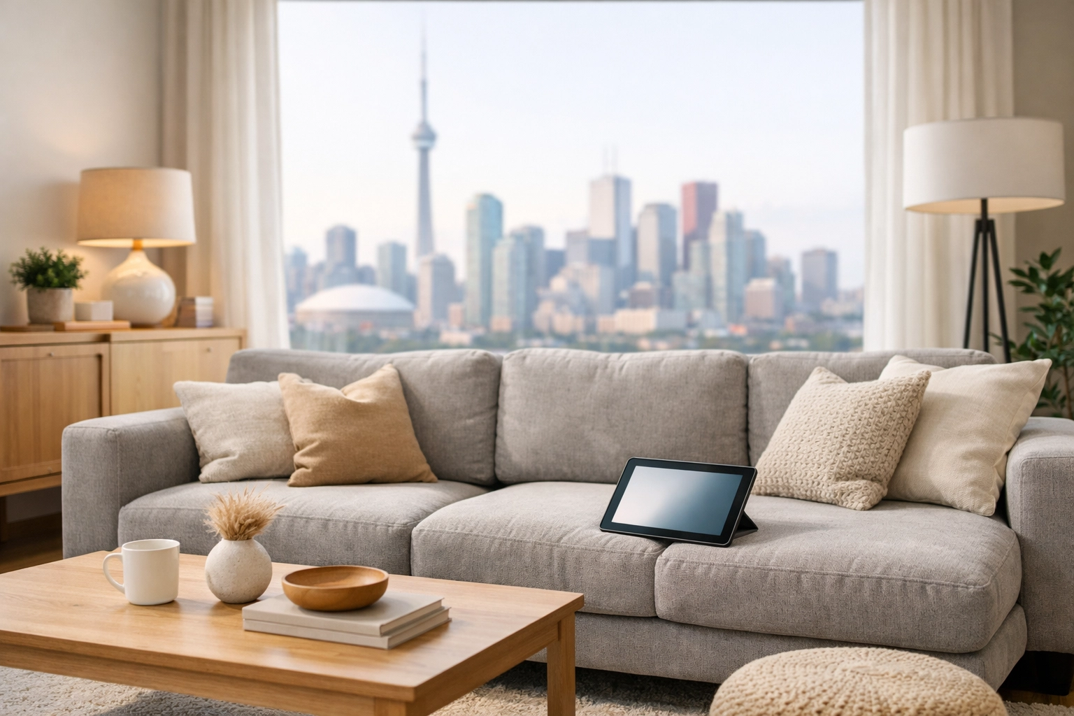 Tablet on a sofa in a city apartment, showing how easy it is to manage installment loans in Canada.