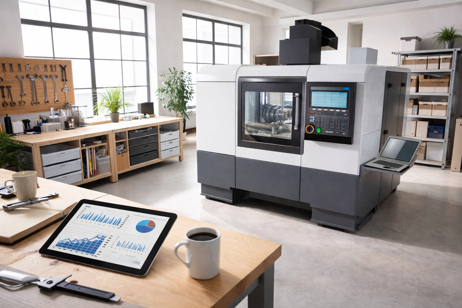 Modern small business workshop with new industrial equipment and business planning tools for Section 179 and Bonus Depreciation deductions