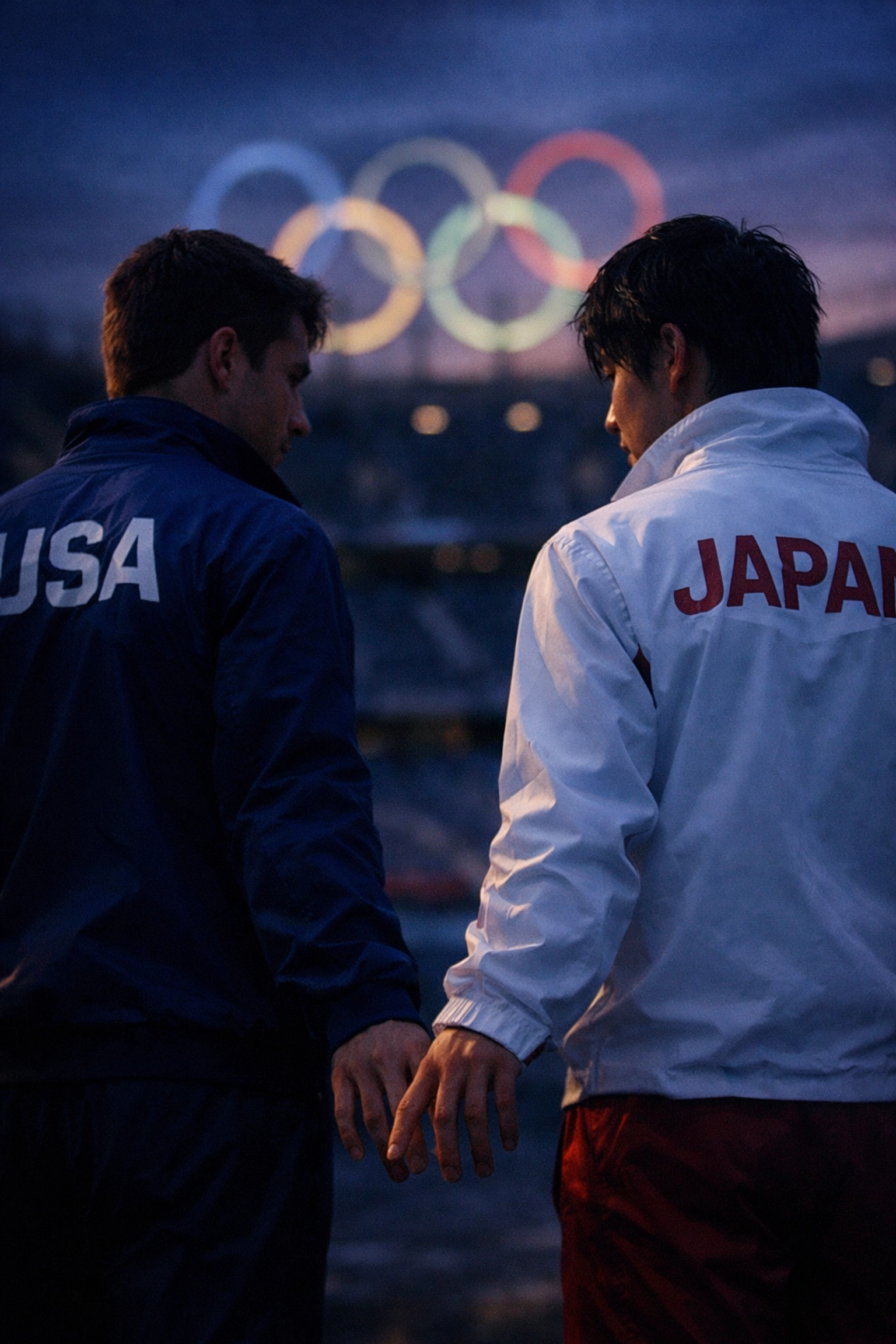 Two gay male Olympic athletes standing close in empty stadium, hands nearly touching
