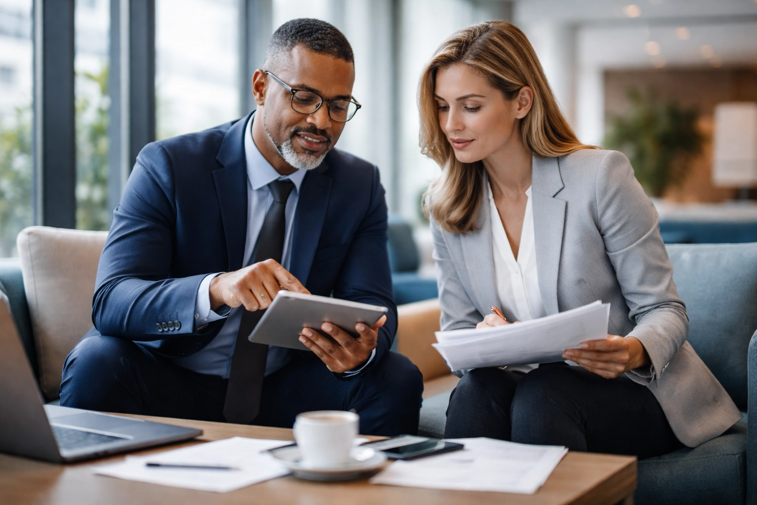 Two business professionals discussing strategy in a contemporary office, illustrating financial services collaboration