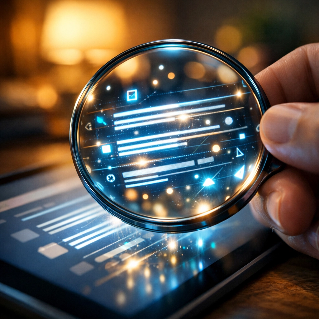 Magnifying glass uncovering hidden search engine insights and low-competition keyword gems on a tablet.