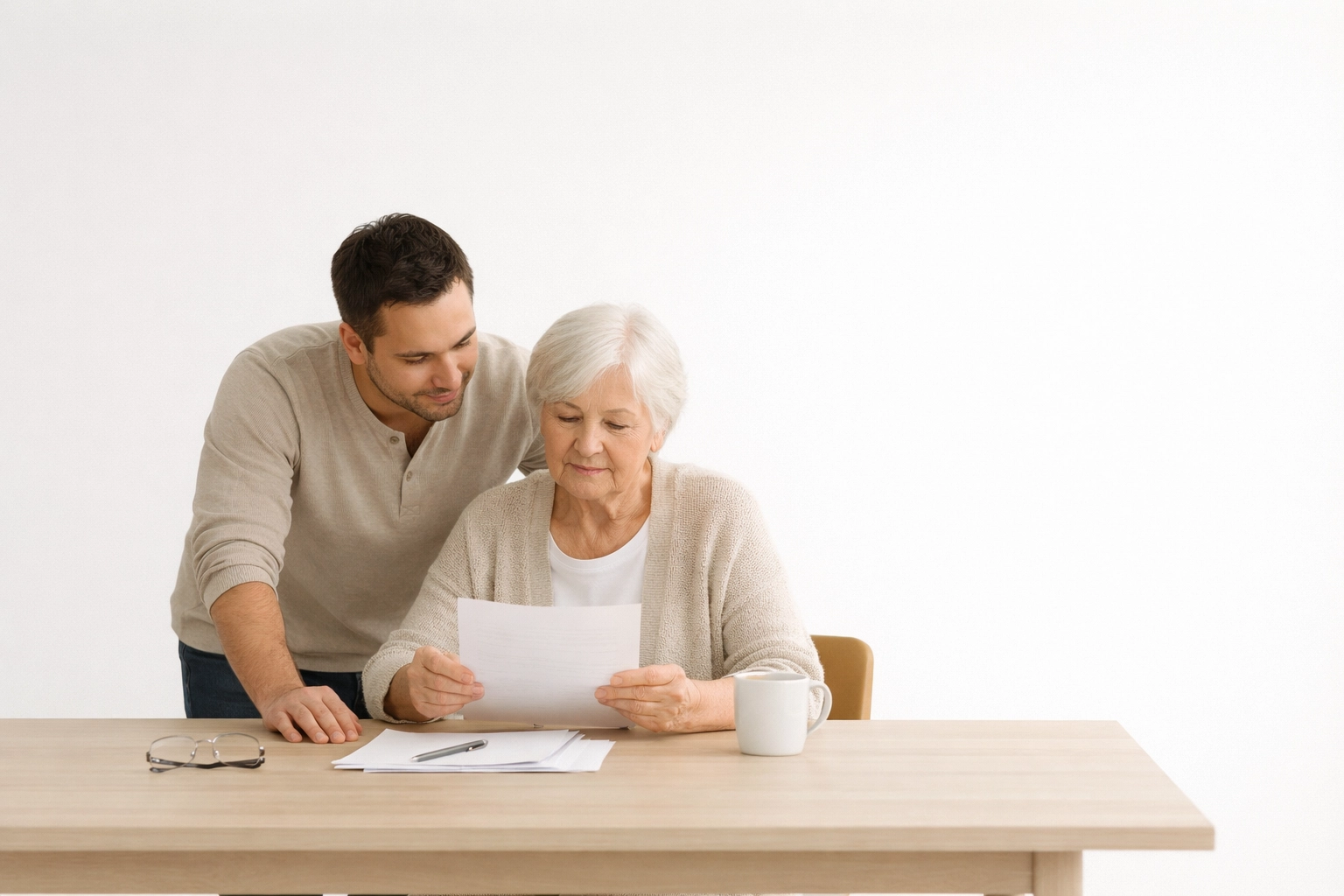 Adult child helping aging parent review tax documents using financial power of attorney