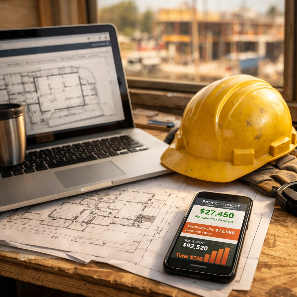 Construction bookkeeping setup with laptop and blueprints for contractor job costing