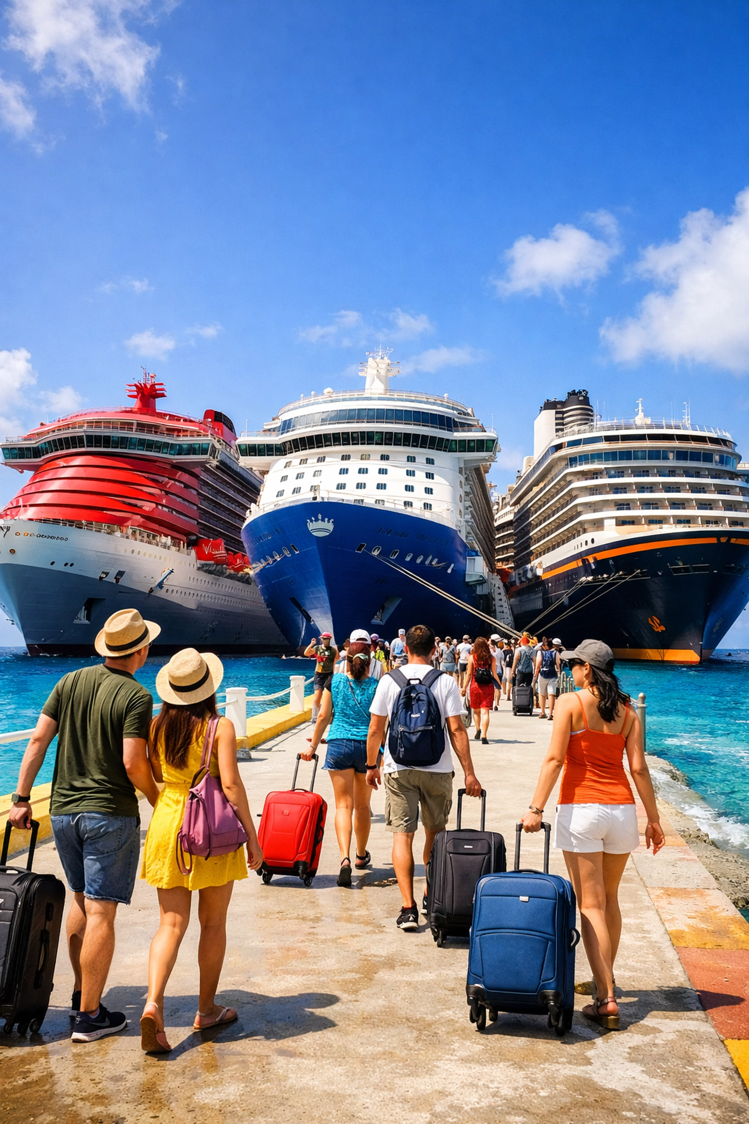 Three major cruise ships docked at Caribbean port representing Carnival, Royal Caribbean and NCL
