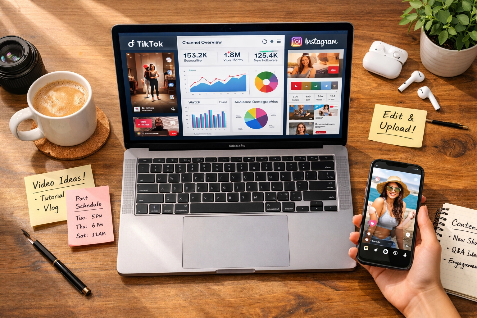 Content creator workspace with laptop showing social media analytics and video marketing dashboards