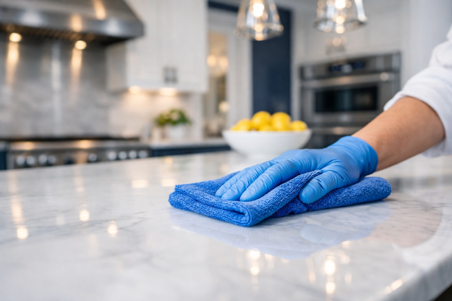 Professional residential cleaning Massachusetts expert polishing a luxury marble countertop in Dover.