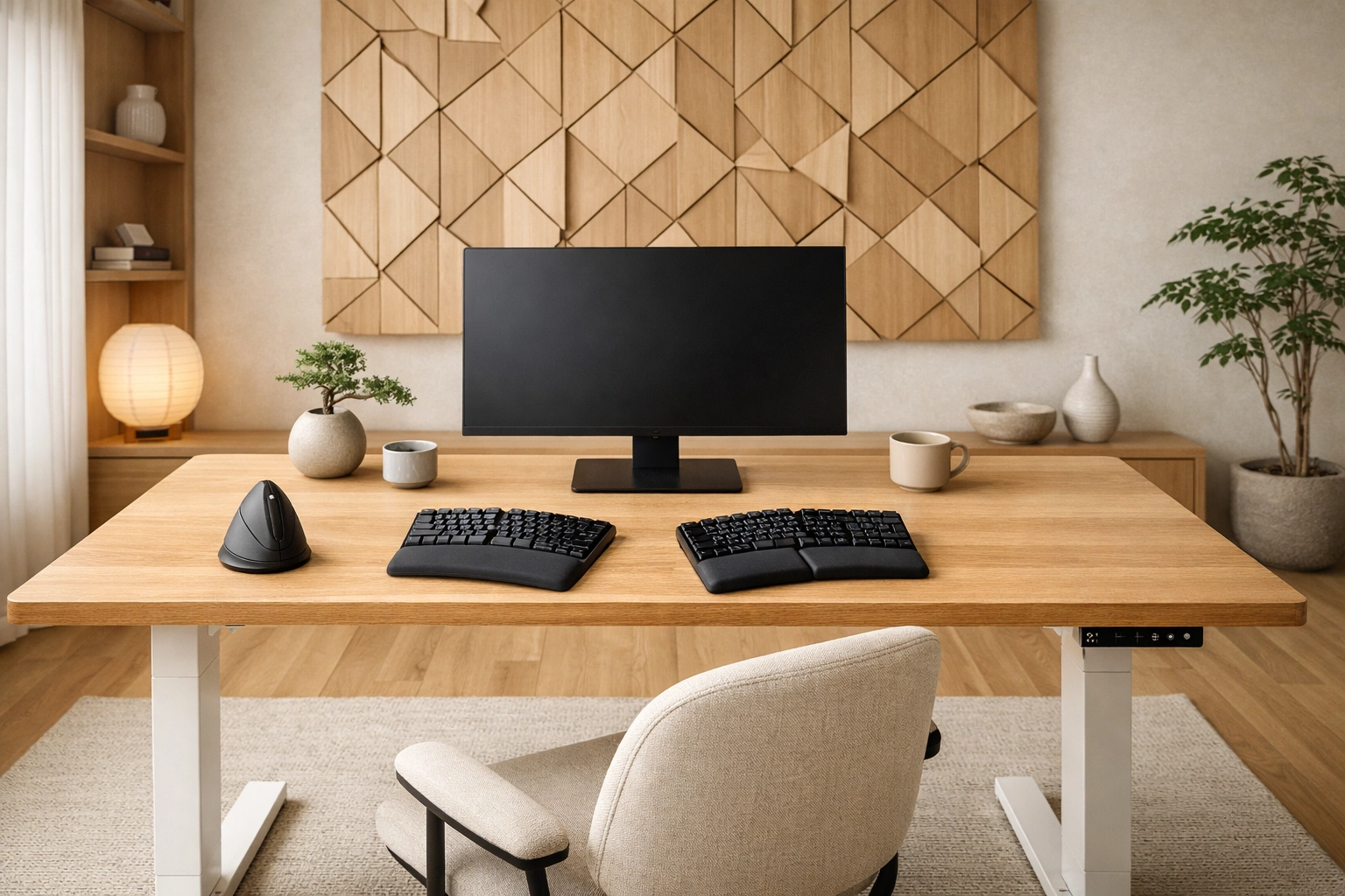 Minimalist Japandi home office with a standing desk, vertical mouse, and ergonomic split keyboard.
