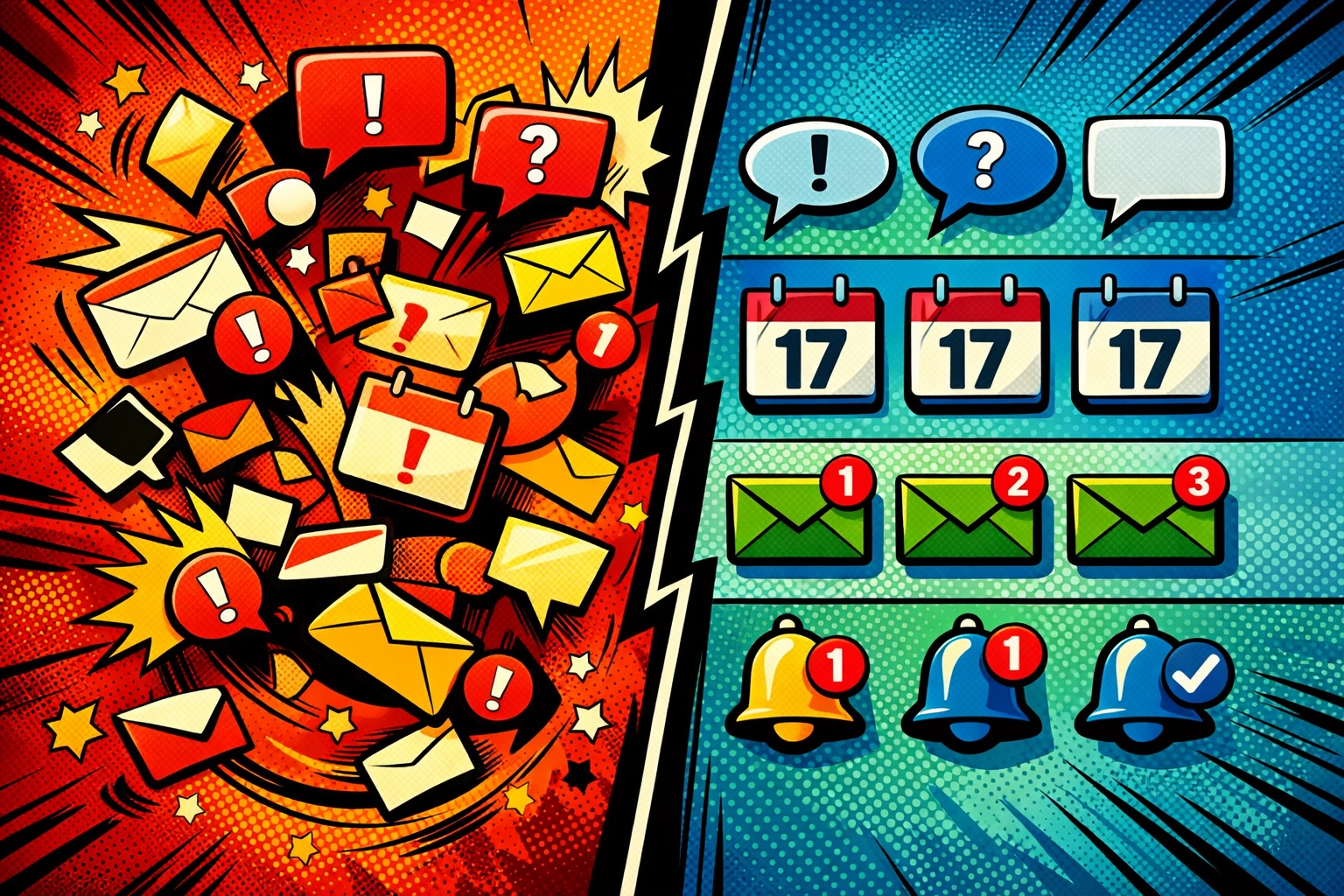 Before and after view of AI organizing chaotic business communications and calendar notifications