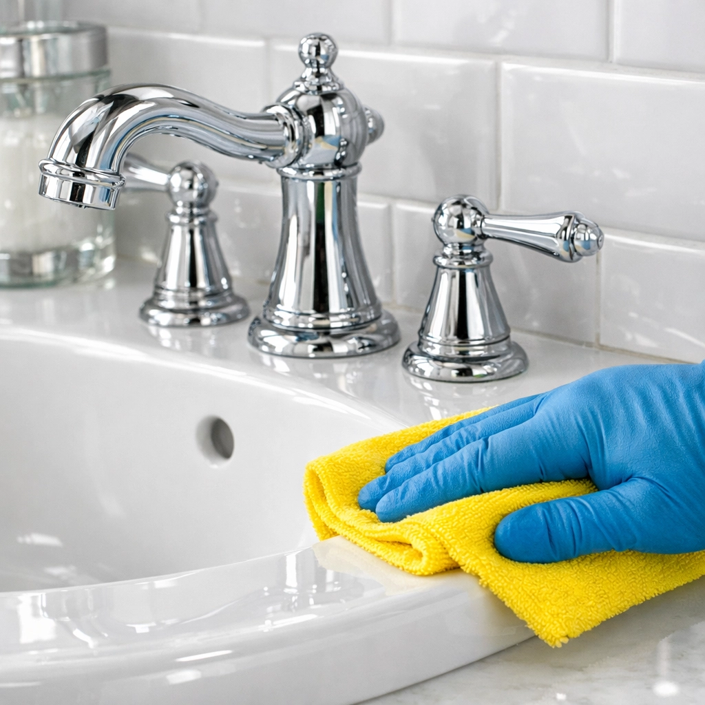 Detailed sanitization of a bathroom sink by a professional move-in cleaning service in Massachusetts.