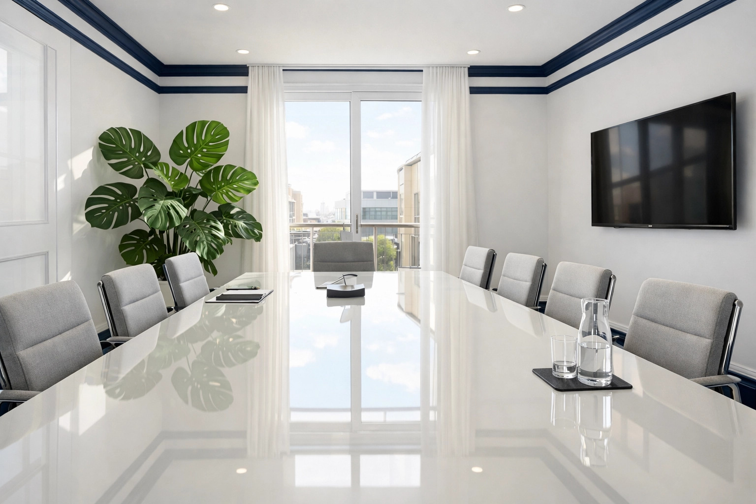 Pristine office conference room showing the benefits of regular professional cleaning services.