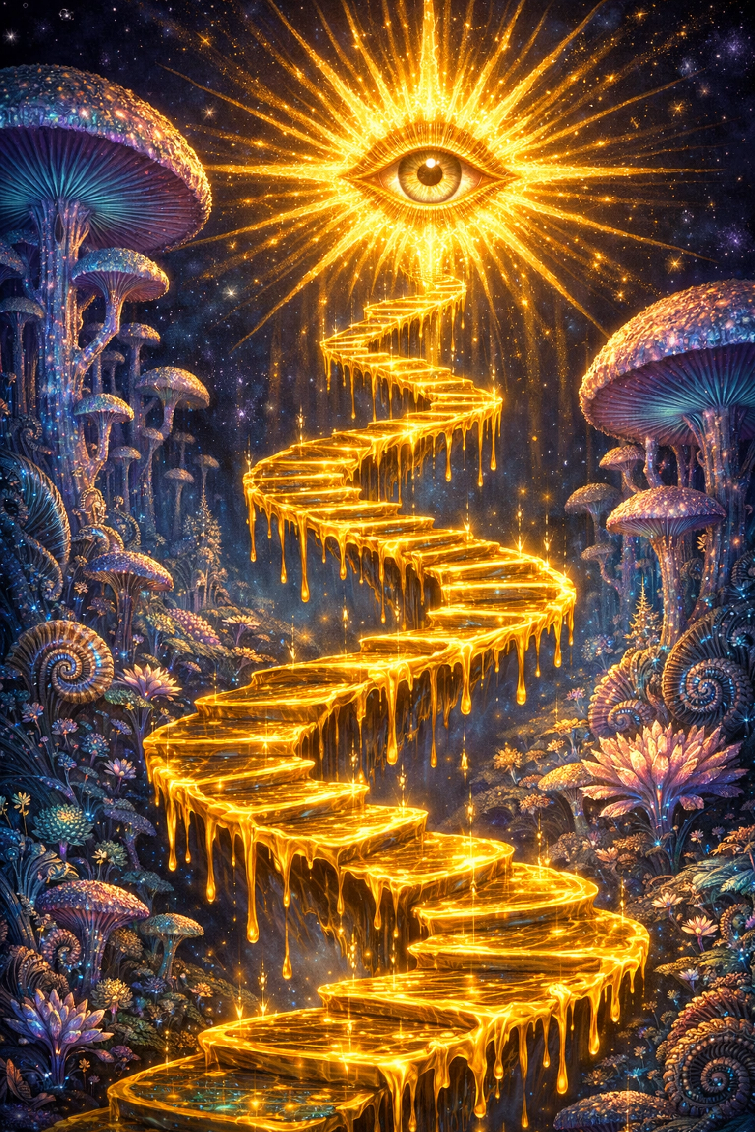 Golden spiral staircase in a surreal landscape symbolizing the path to consistent flow states and mastery.