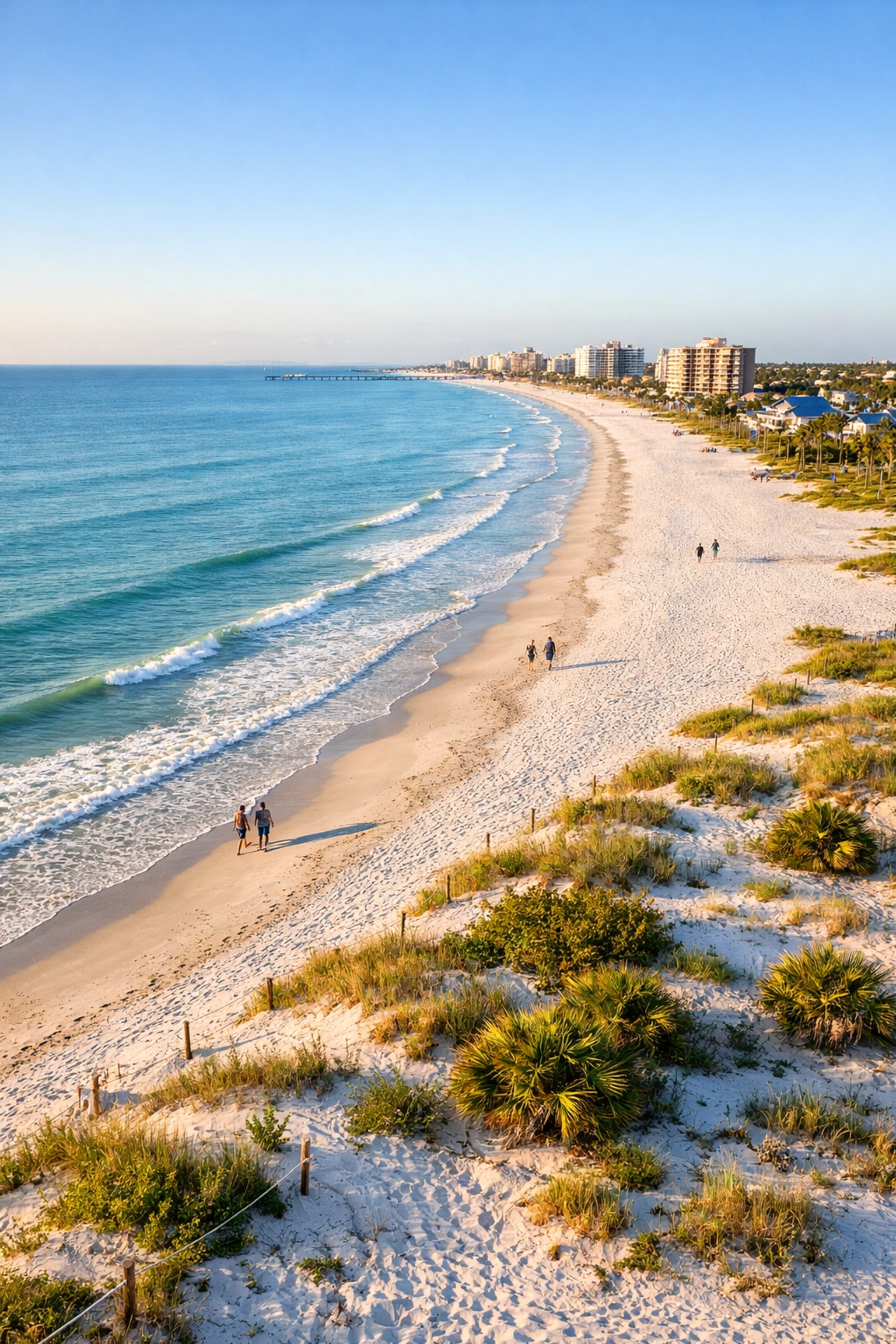 Aerial view of Fort Myers Beach showing renourished shoreline and storm-resistant dunes after rebuilding