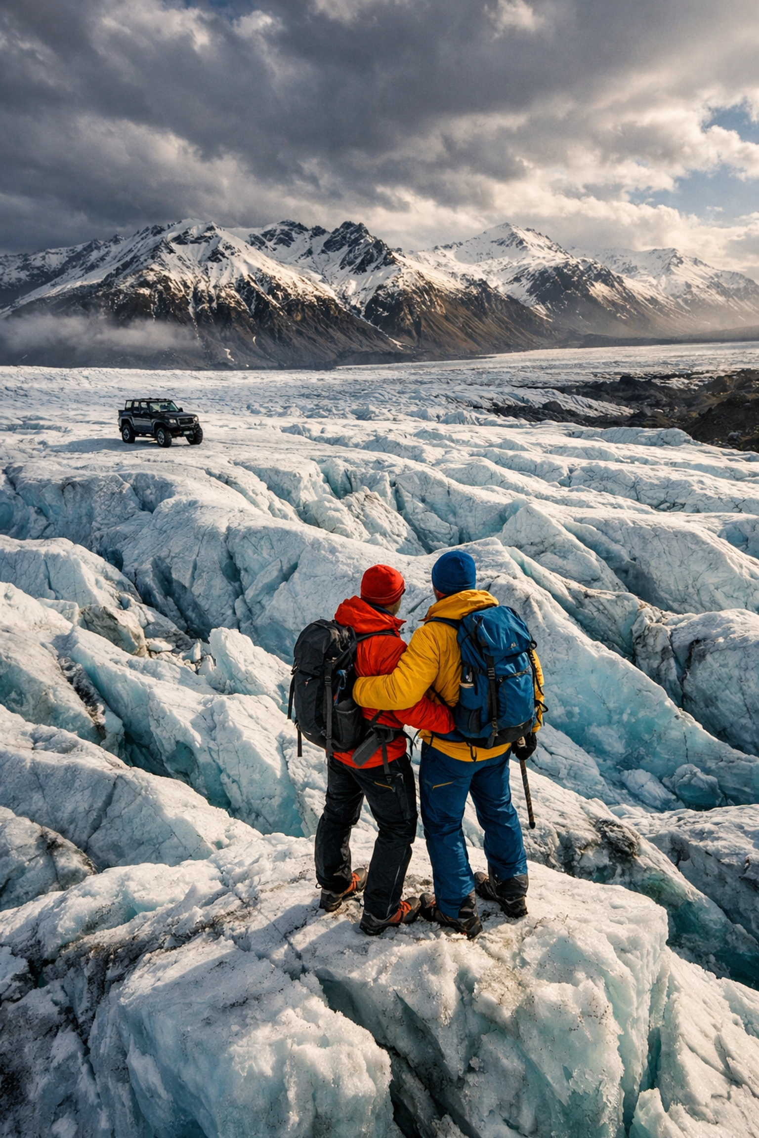 Gay hikers on Iceland glacier with Super Jeep winter adventure tour